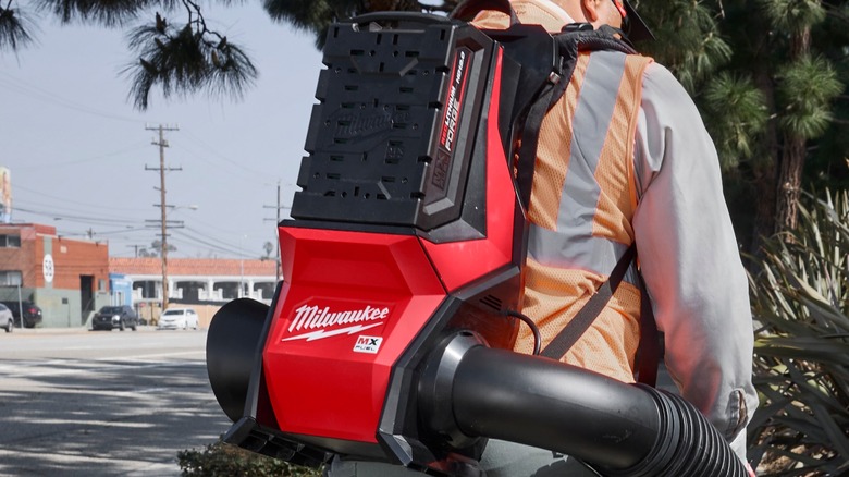 Close up ot person wearing MX Fuel Backpack Blower