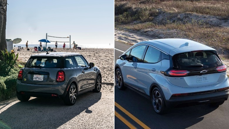 Cooper SE left on beach Bolt EV right desert road