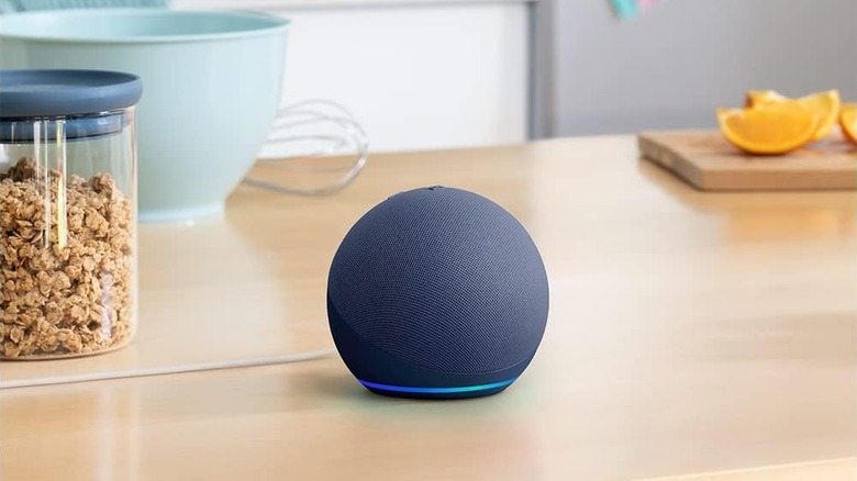 Amazon Echo Dot on a countertop with fruit and breakfast nearby in a kichen