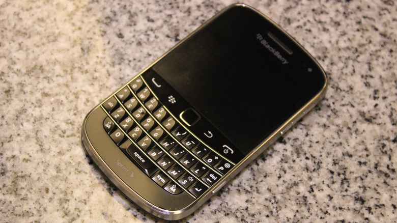 A BlackBerry phone on a countertop