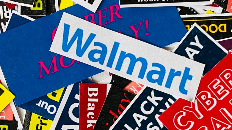 Various stickers advertising Cyber Monday deals and Walmart