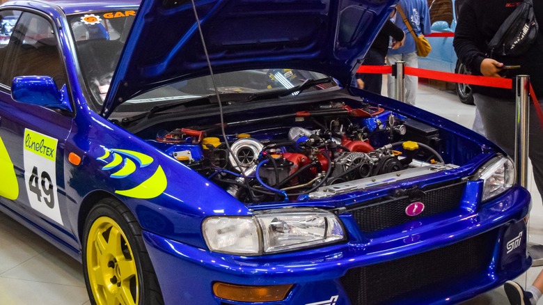 Hood up on Subaru Impreza WRX STi