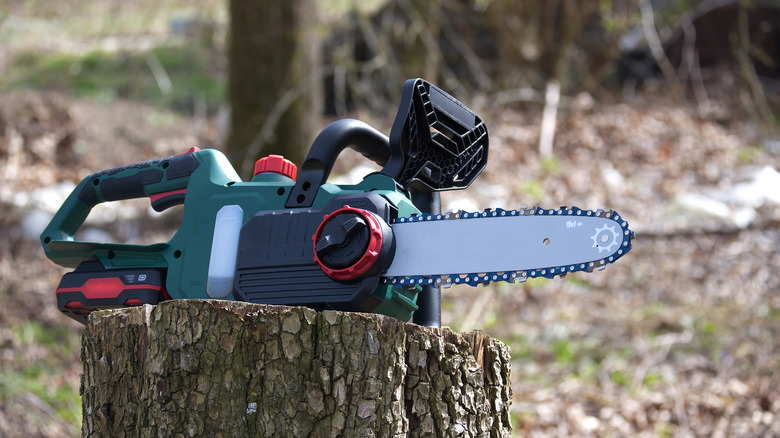 A chainsaw resting on a chopped log of wood