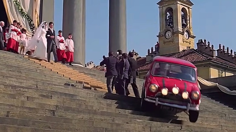 The red Mini Cooper S descends an staircase in "The Italian Job."