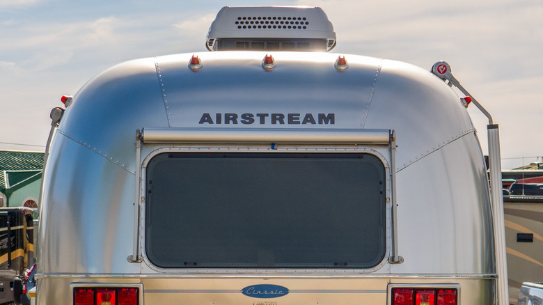 A rear view of an iconic Airstream trailer
