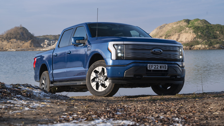 blue Ford F-150 by a lake