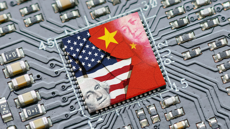 Microchip with US and Chinese iconography