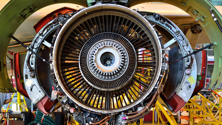 A CFM56-5 turbofan at an aircraft maintenance facility