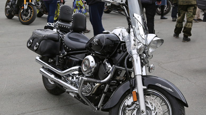 Motorcycle cruiser Yamaha V-Star 650 Classic parked at the moto show.
