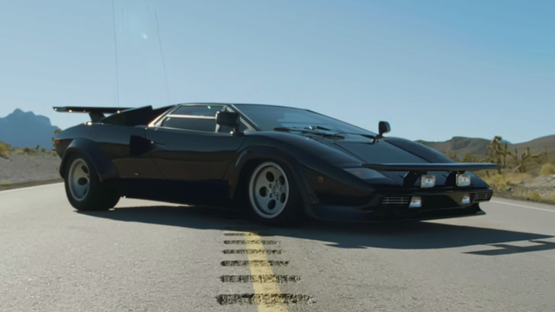 Lamborghini Countach from "The Cannonball Run" parked on a desert road