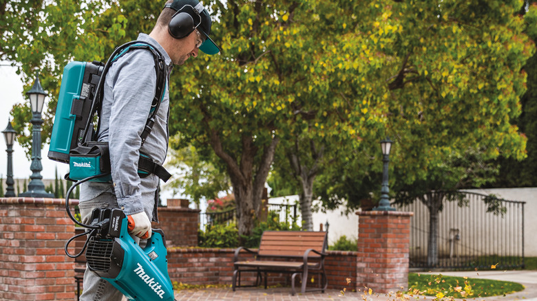 man using leaf blower and power bank backpack