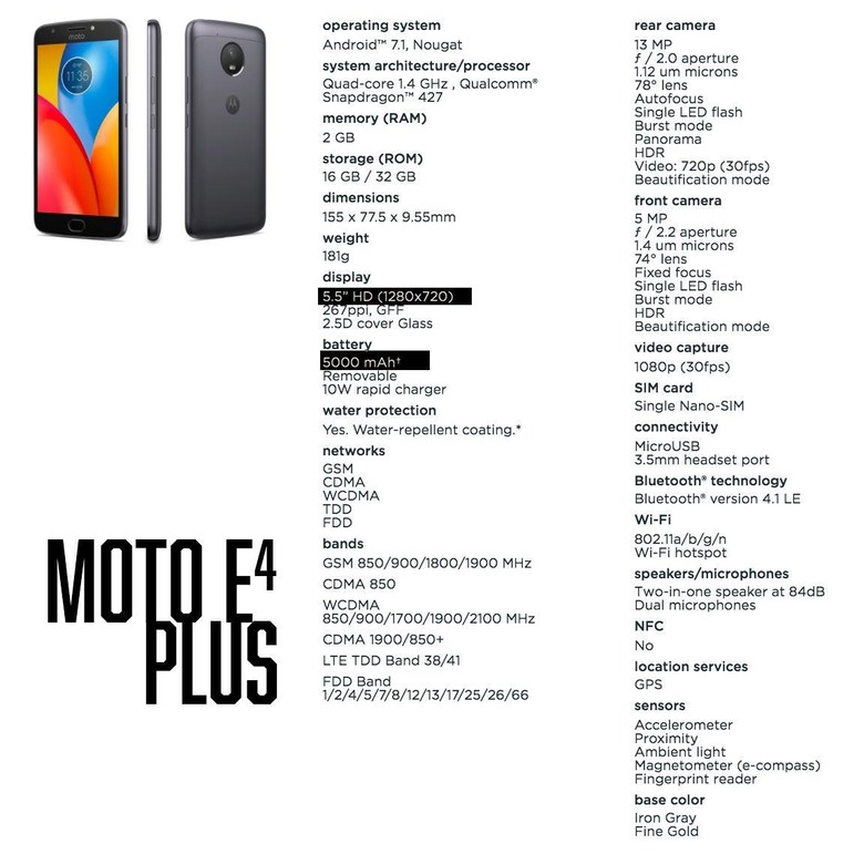 Motorola Moto E4 Plus - Specs