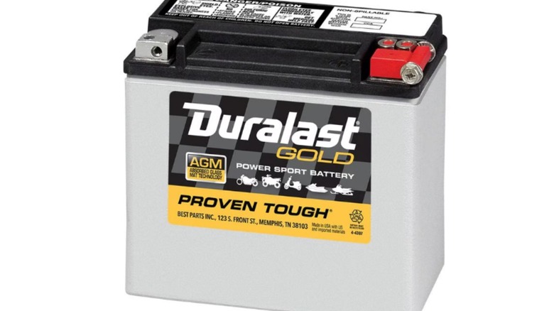A Duralast motorcycle battery