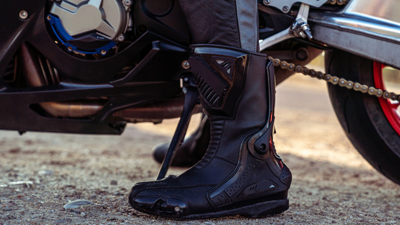 Close up of motorcycle boot worn by rider