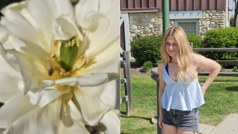 Close up of a flower and a photo of a woman outside