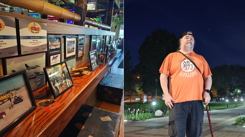 Photos of frames and a man standing at night
