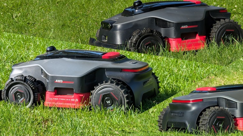 Several views of a Mova lawn mower in grass.