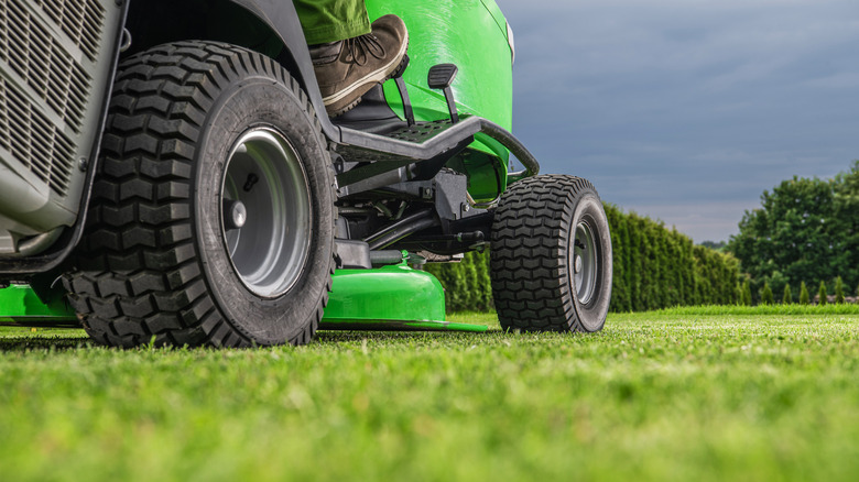 Lawn tractor photographed from low angle