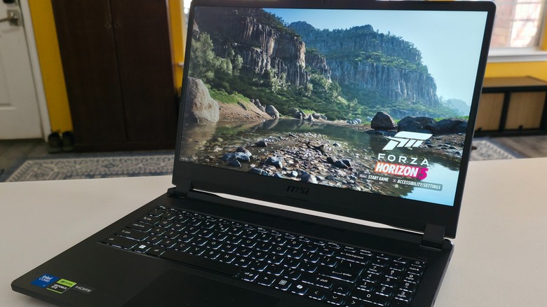 The MSI Cyborg 15 showing Forza Horizon 5's intro screen