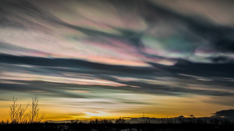 nacreous clouds above the horizon during sunset