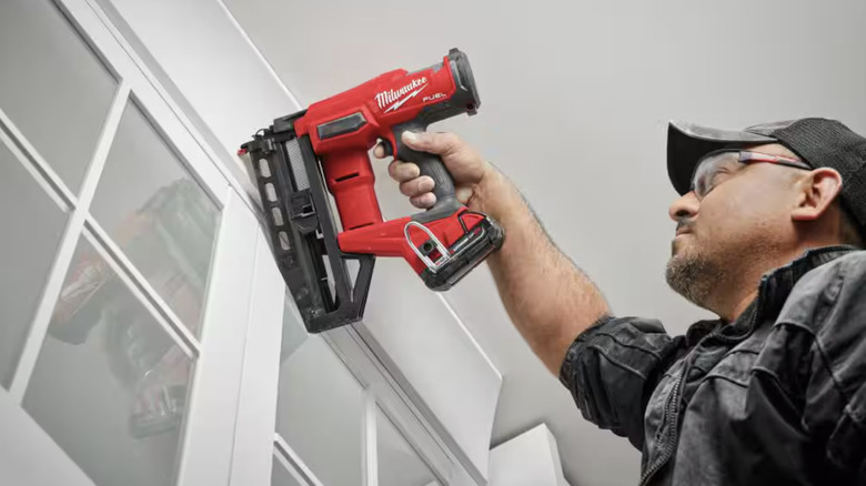 Milwaukee M18 Fuel 16-Gauge Straight Finish Nailer in use