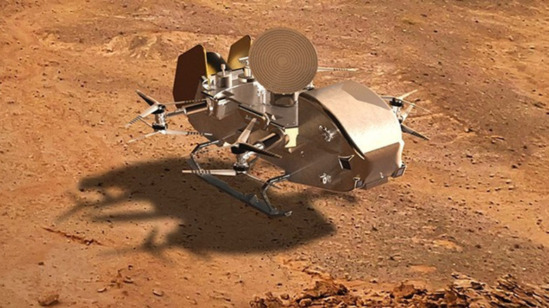 Artist's rendition of Dragonfly spacecraft landed on Titan's surface, front-right view