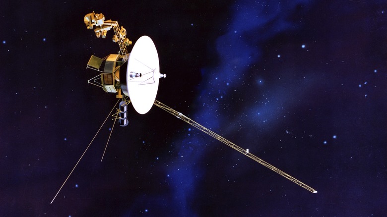 A rendering of the Voyager 1 spacecraft with stars in the background