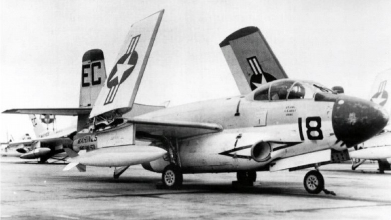 A U.S. Marine Corps Douglas F3D-2 Skyknight parked with its wings folded