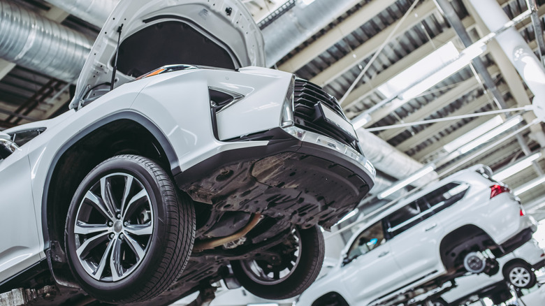 Low-angle view of white Lexus SUV on a car lift