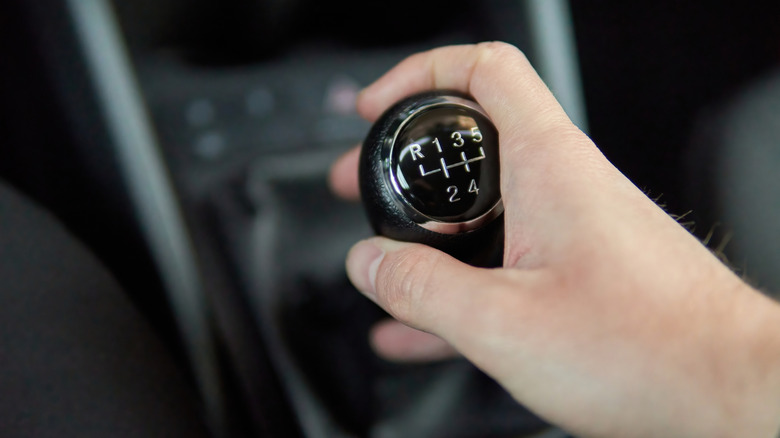 A hand holding a gear shift knob in a car