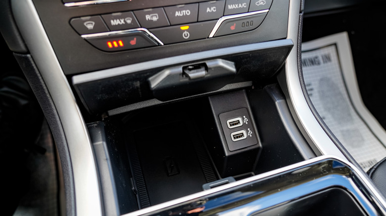 Twin USB ports seen on the infotainment console of a modern-day car