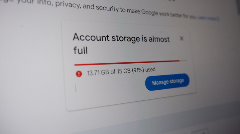 Google Drive notification showing Account storage is almost full