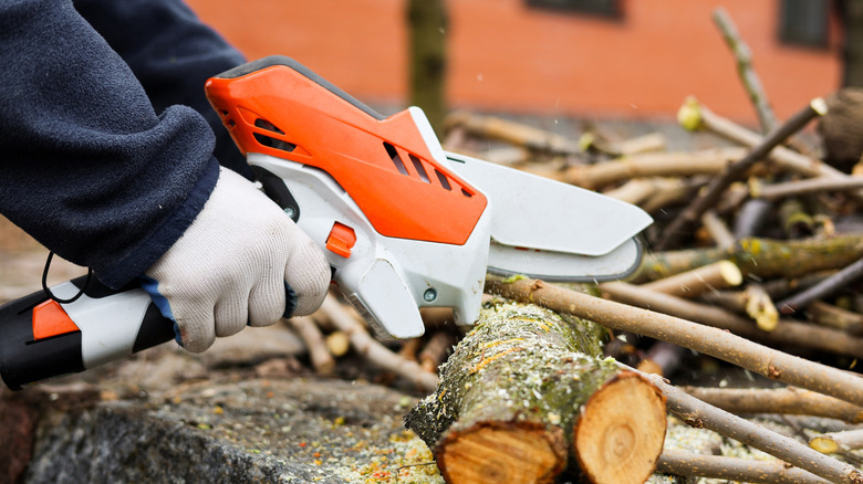 A person using a mini chainsaw on several branches.