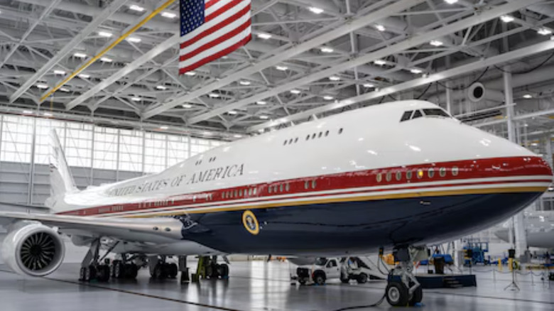 Close up of the new Air Force One plan sitting in a hangar