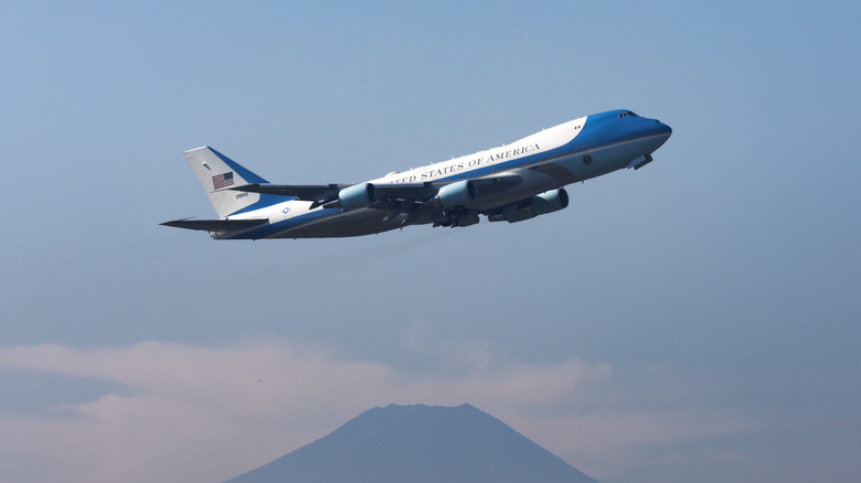 Air Force One flying above Mount Fuji in Japan.