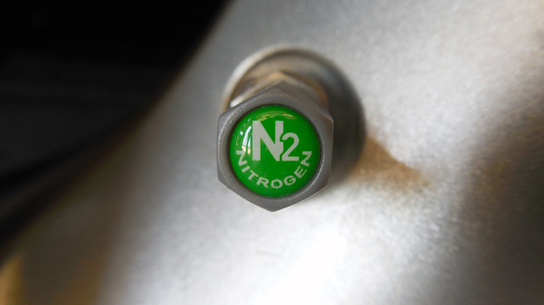 A close-up view of a nitrogen tire stem cap.