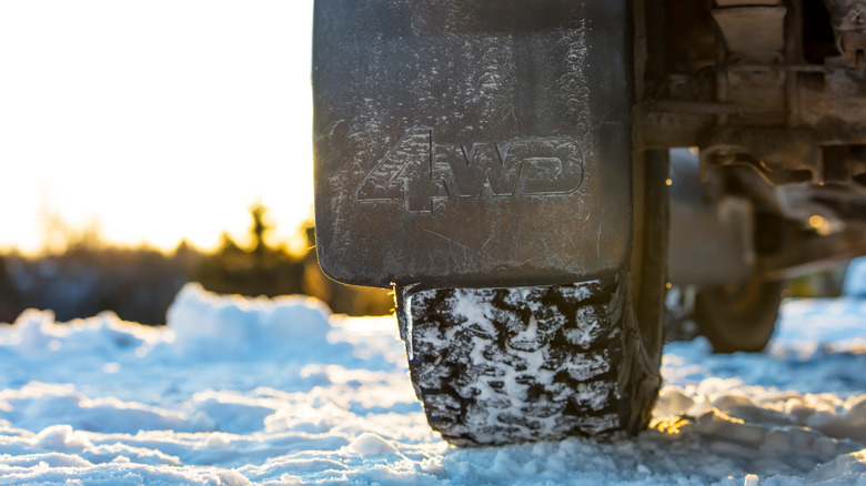 A close-up view of splash-guards in the snow.