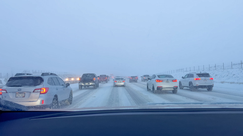 Cars in traffic during Colorado winter weather