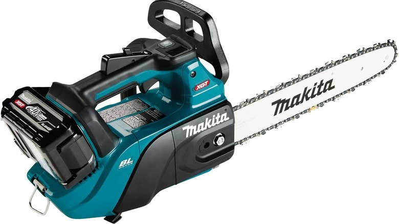 Makita 40V Max XGT GCU10 14-Inch Top Handle Brushless Chainsaw with BL4040F battery equipped on a white background.