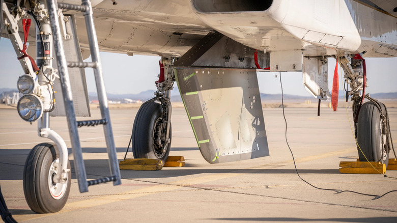 Close-up of NASA's Cross Flow Attenuated Natural Laminar Flow (CATNLF) scale model on runway