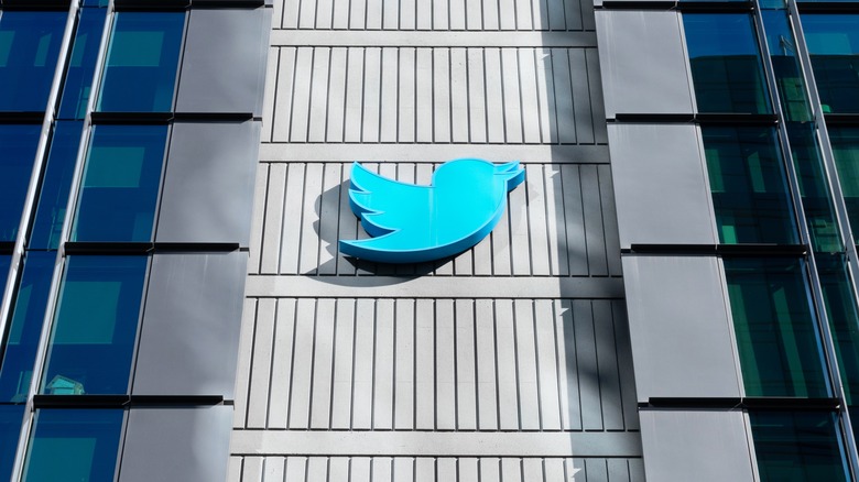 Twitter logo emblazoned across its office building.