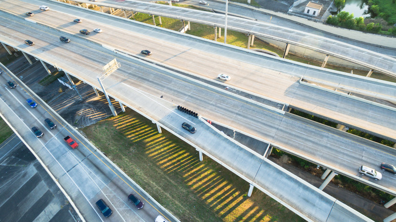 Overhead view of highway interchange in Houston, Texas