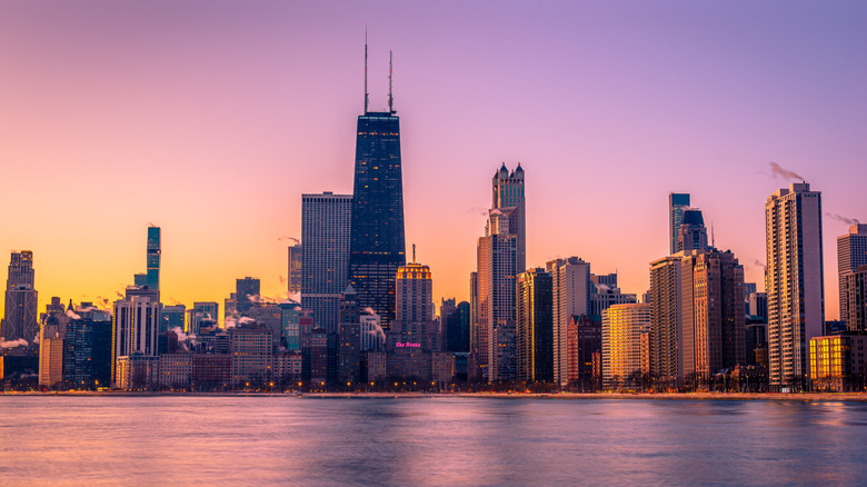 The Chicago, Illinois skyline at sunrise.