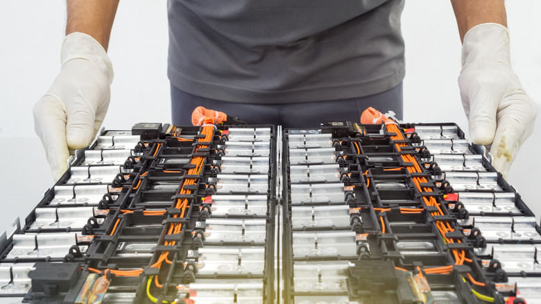 EV battery pack being assembled