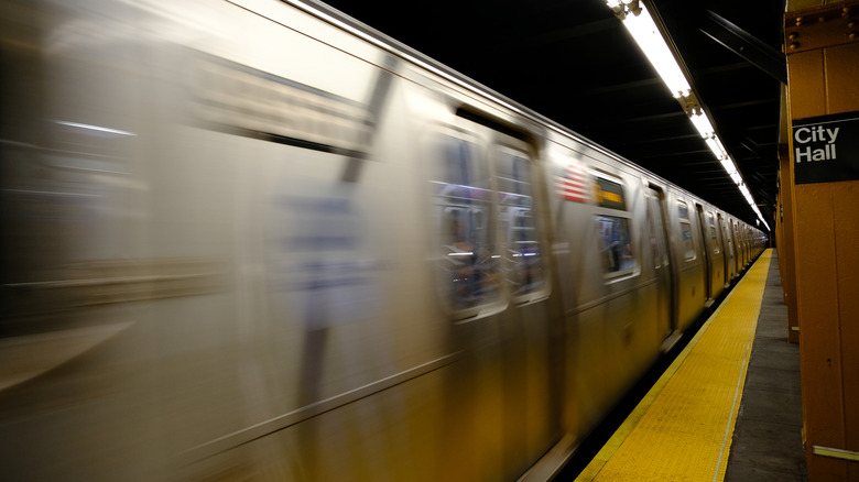A speeding New York subway train
