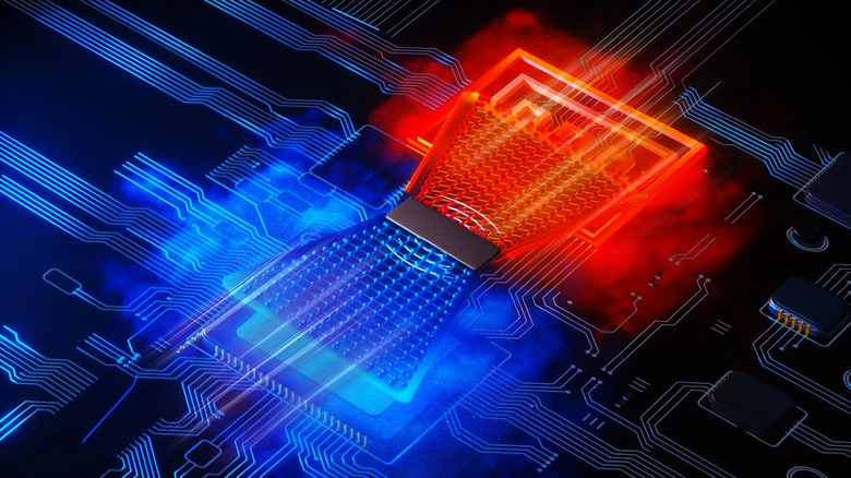 A render of two metal strips pulling heat out of a data center chip
