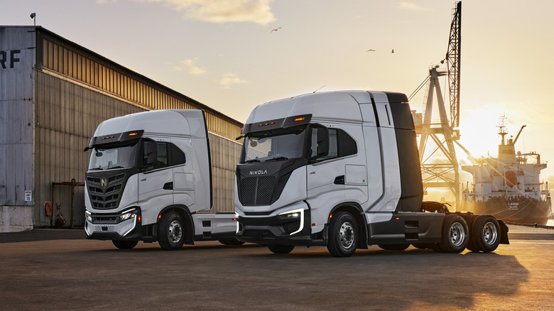 Nikola electric trucks parked harbor