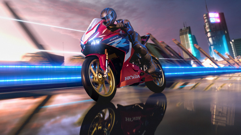 Futuristic rendering of a rider on a red Honda CBR250RR sportbike speeding through a neon-lit cityscape, with motion blur emphasizing speed and dynamic movement.