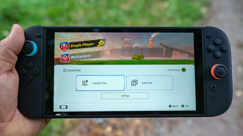 The Nintendo Switch 2 with GameChat open on the screen over Mario Kart world.