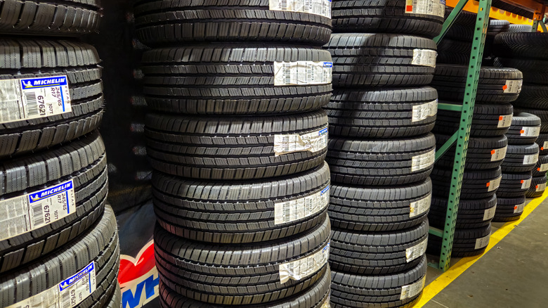 Stack of tires in a Costco store